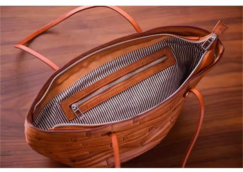Organizers designers handmade genuine leather woven women's tote bag weekend outdoor luxury real cowhide large capacity handbags