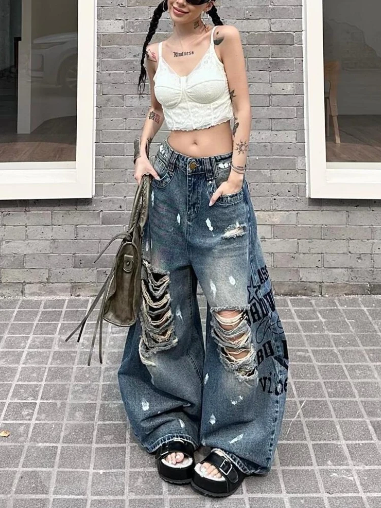 

Джинсы в американском стиле с принтом в виде чернильных брызг и рваными элементами, новые универсальные широкие брюки в пол для стильных девушек.