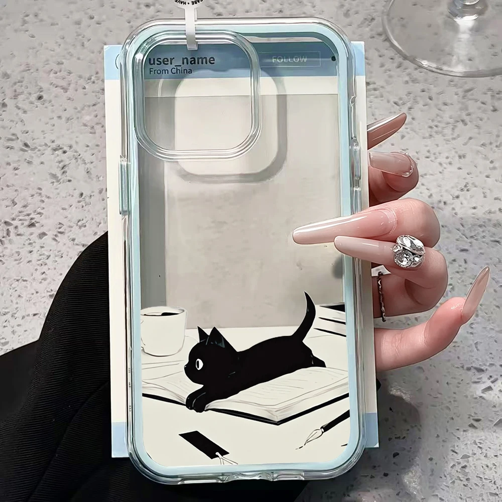 Niedliche, lustige schwarze Katze transparente Handyhülle für iPhone 11 12 13 14 15 16 17 Pro Max Plus Air, stoßfeste Schutzhülle – Detail 3