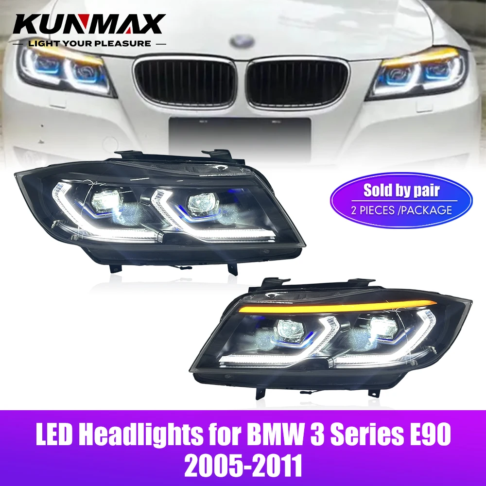 

Комплект из 2 светодиодных фар для BMW 3 серии E90 2005-2011, желто-белые ДХО с анимацией запуска, передние фары