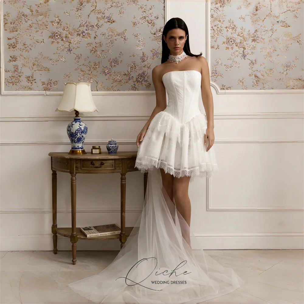 

QICHE Elegant Lace Short A-Line Wedding Dress Strapless Bow Tiered Open Back Sleeveless Party Gown Vestidos De Novia Customized