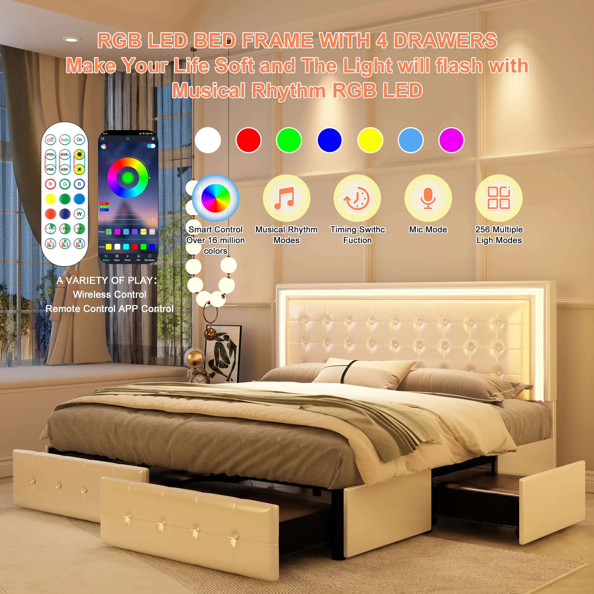 إطار سرير GEGOFORU Queen LED مع 4 أدراج تخزين، لوح رأسي RGBW، منجد من البولي يوريثان، لا حاجة إلى صندوق زنبركي، دعم 900 رطل #3