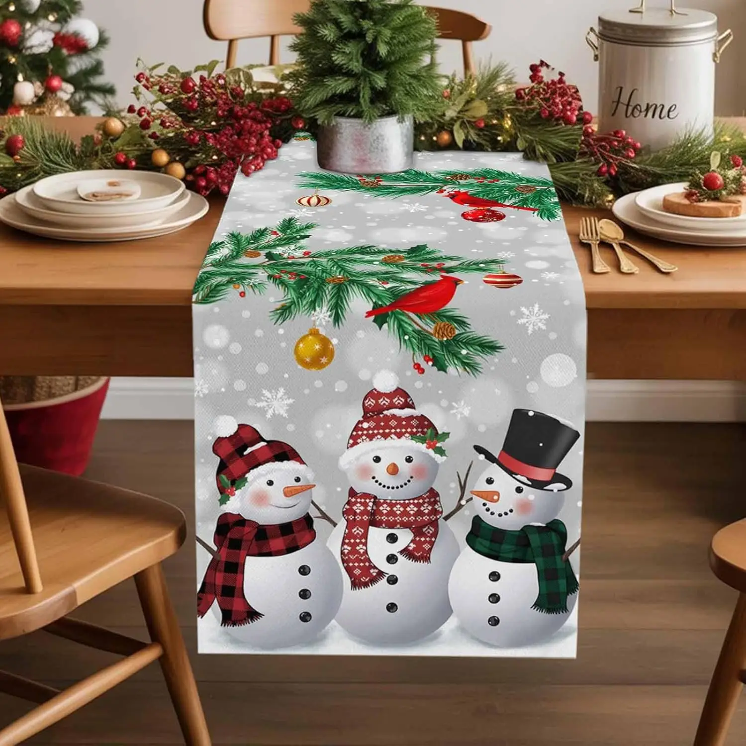 

Рождественский снеговик, рождественская елка, птица, серые льняные дорожки для стола, домашний декор, зимние рождественские дорожки для обеденного стола, рождественские украшения