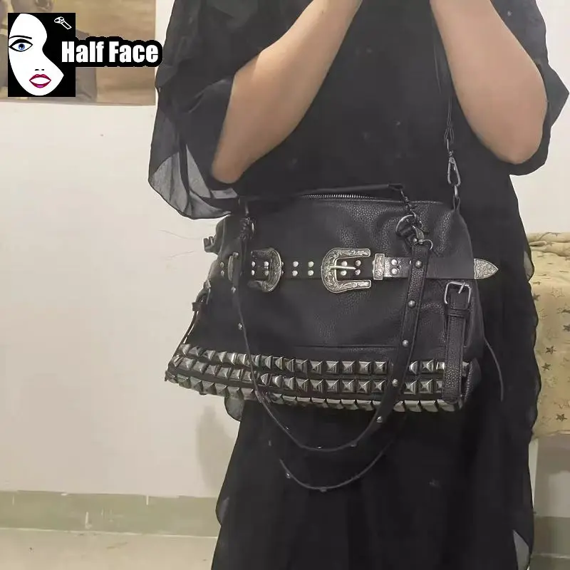 Y2K Girl Harajuku Gothic Handbags Carved Leather Buckle Large Capacity Punk One Shoulder Fashion Rivet Women Crossbody Bags Tote