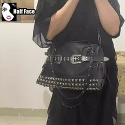 Y2K ragazza Harajuku borse gotiche fibbia in pelle intagliata grande capacità Punk una spalla moda rivetto donna borse a tracolla Tote