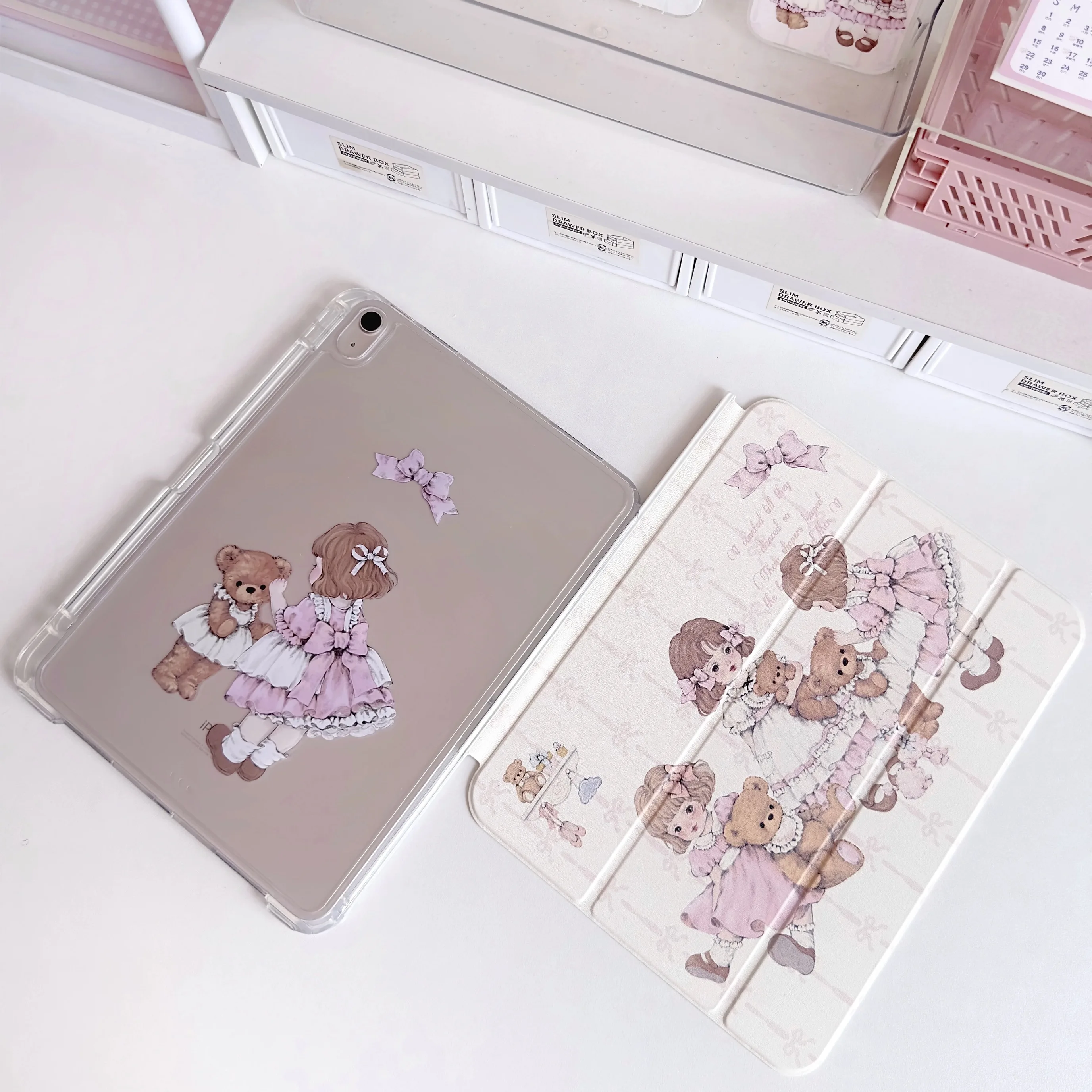Original teddy bear toy series tablet protective case, slide rail pull-out detachable three-fold anti-bend acrylic material