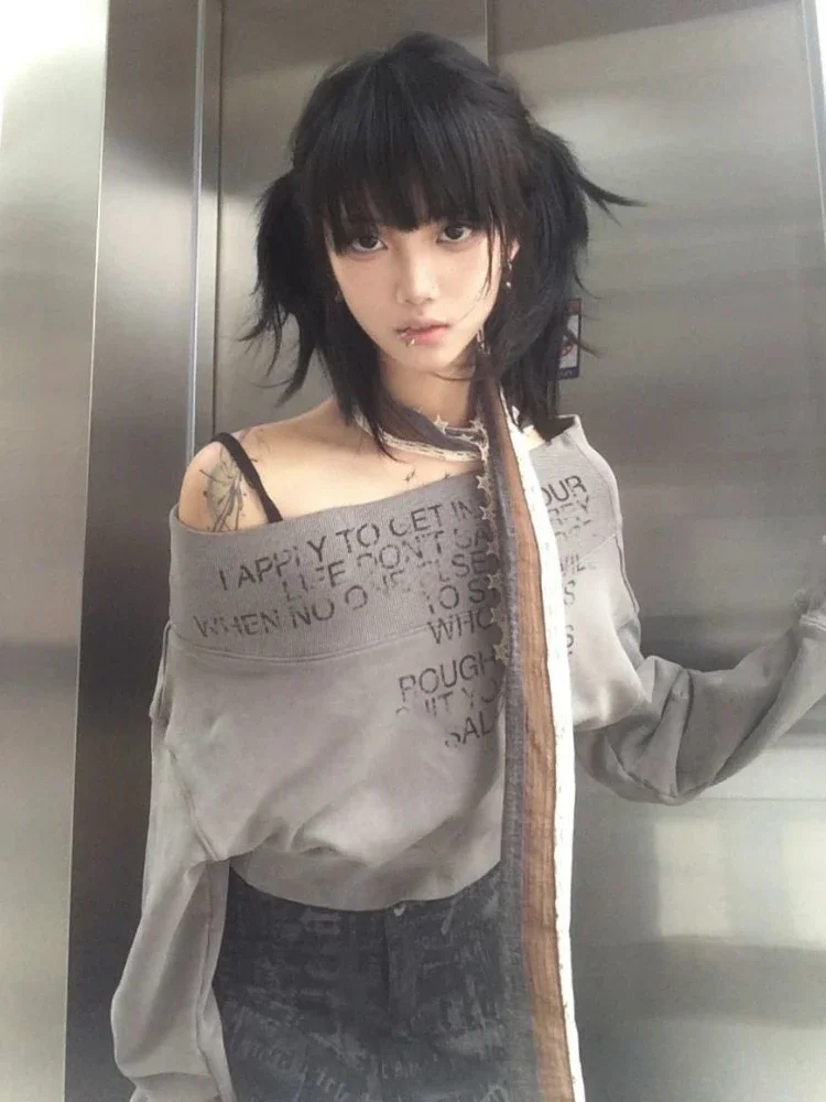 Hoddies Frauen Vintage Kleidung Brief Drucken Crop Slash Neck Harajuku Sexy Tops Streetwear Japanischen Sweatshirts Casual