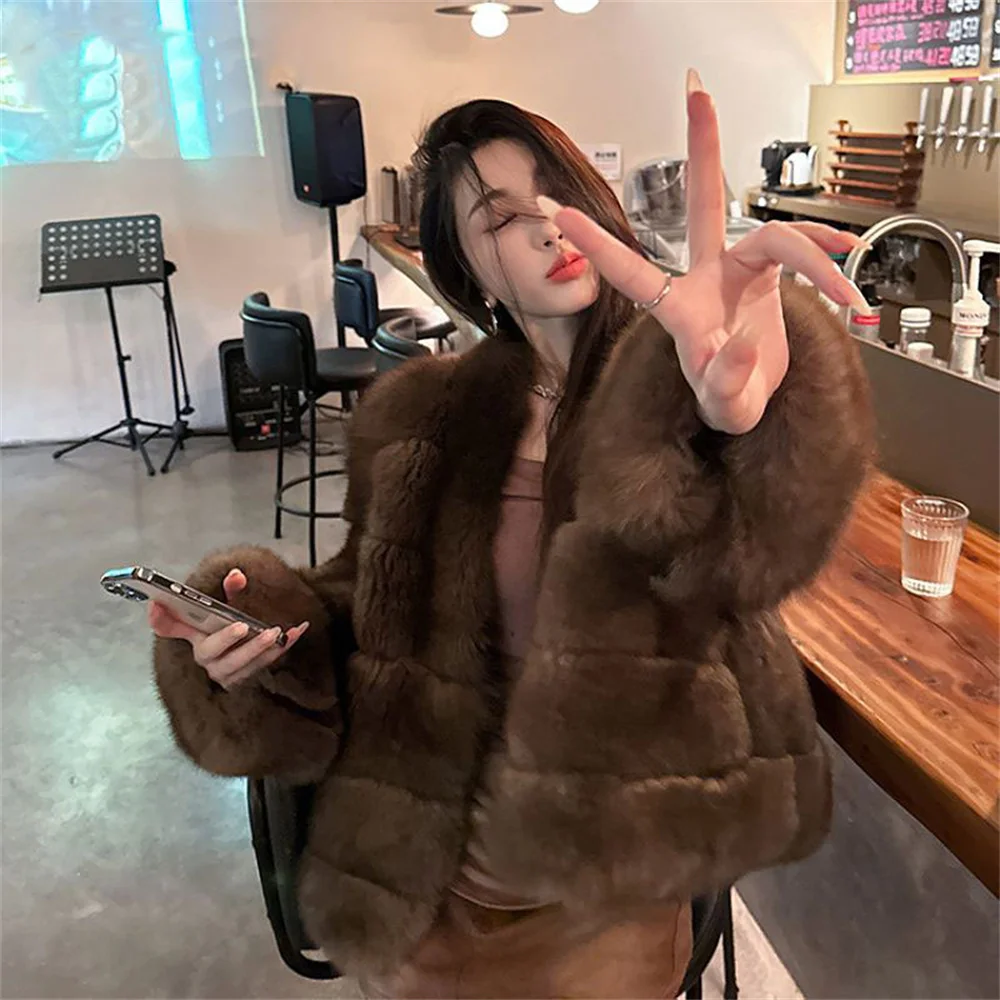 여성 인조 모피 코트 따뜻하고 폭신한 루즈핏 긴팔 라운드넥 여성 재킷 겨울옷 여성 패션 하이 스트릿 여성 아우터