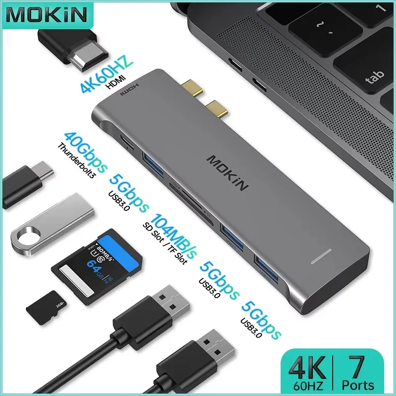 MOKiN 7 in 2 USB C Hub Docking Station 4K 60HZ -HDMI 3 USB 3.0 Thunderbolt 3 SD/TF 2 Card Slots Reader for MacBook Pro/Air M1 M2