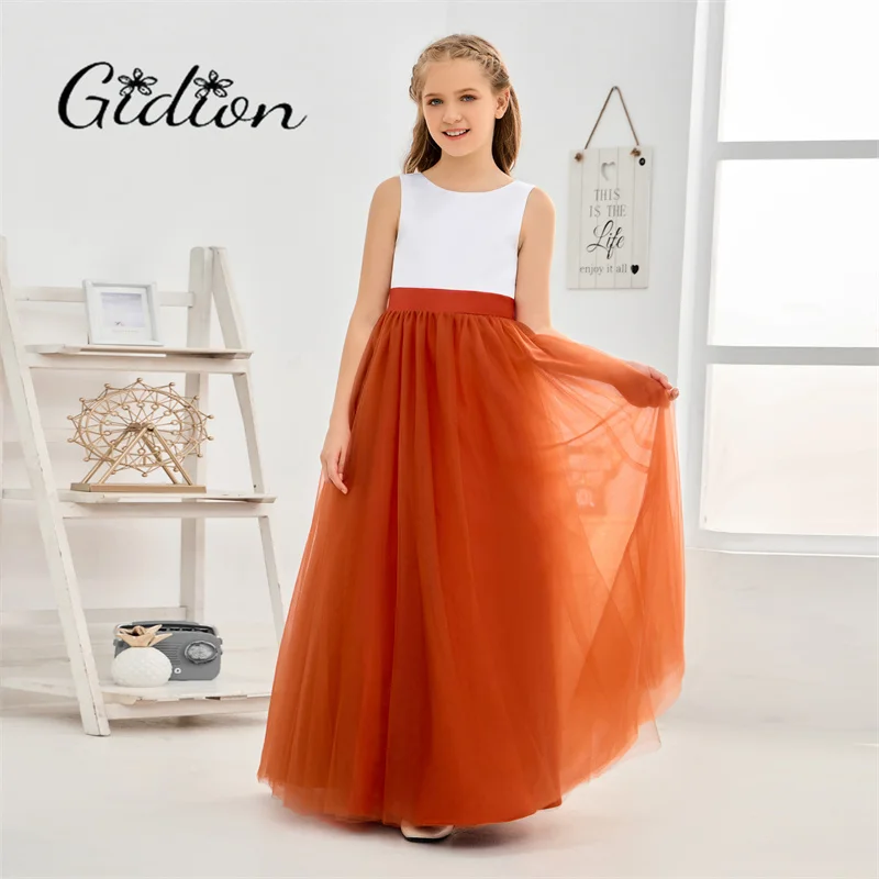 Bloemenmeisje Jurk Voor Kinderen Chiffon Mouwloze Kleur Contrast Jurk Bruiloft Verjaardagsfeest Prinses Zomer Lange Jurk