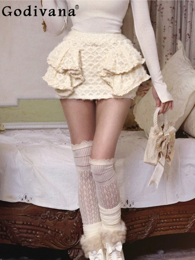 

Original Design Punk Style Retro Knitted Short Skirt 2025 New Women's High Waist Slimming Mini Culottes Long Sleeve Top Set