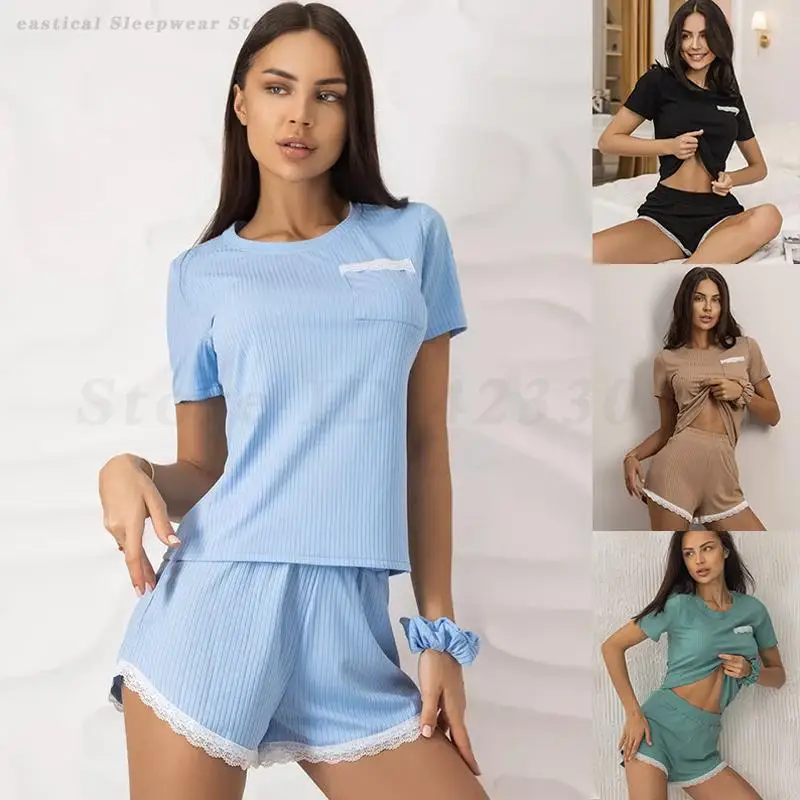 

Ladies New Summer Thin Short Sleeve Shorts Pajamas Set Blue Stripes Comfortable Home Clothes Sleepwear Women Loungewear Pyjamas