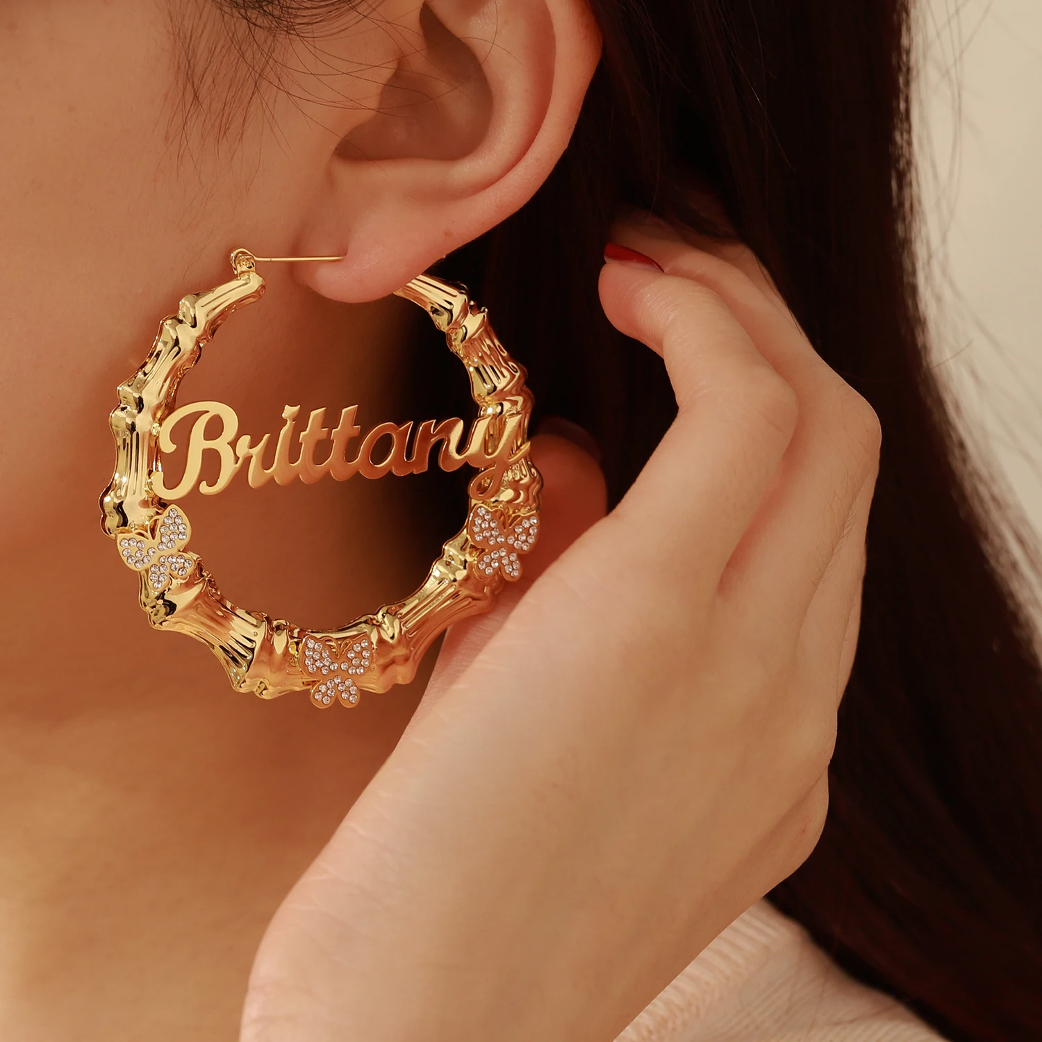 Customized Diamond Butterfly Bamboo Hoop Name Earring Stainless Steel Earring Bamboo Style Personality Hiphop Sexy Jewelry