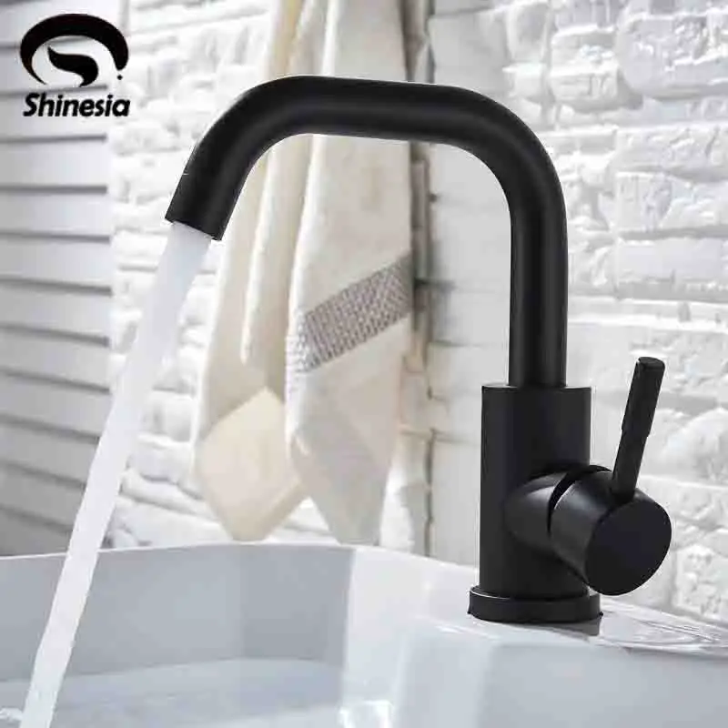 Shinesia Black Bathroom Basin Faucet 304 Stainless Steel Hot Cold Wash Mixer Crane Tap 360 Rotation Sink Faucets Single Handle