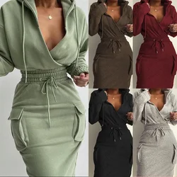 Women's Sets Summer New Solid Color Hooded V-neck Top Drawstring Tight Dress Sets for Women