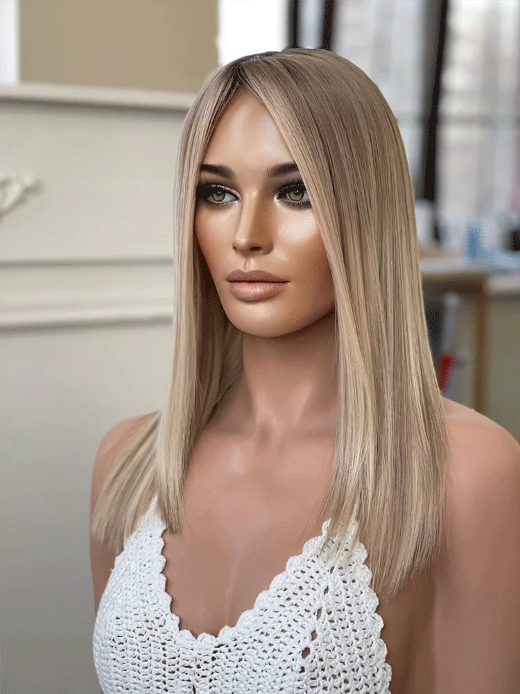 Synthetic Wig Lace Front Wig Natural Hairline Highlights Blonde Color Straight Bob Wig Dark Root For Women Daily Party Use