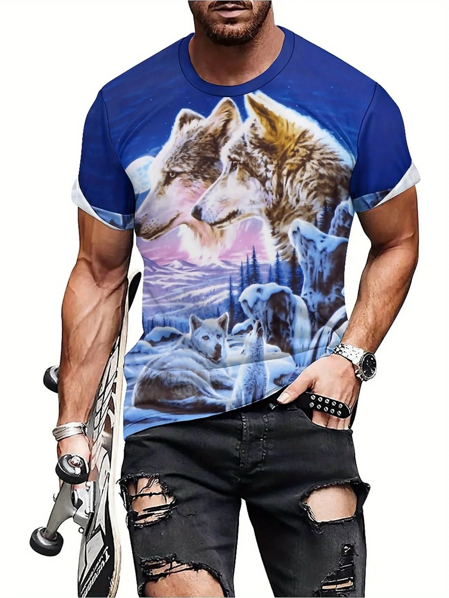 Men's 3D Digital Print Double Wolf & Geometric Graphic T-Shirt - Hip-Hop Style Loose Fit Short Sleeve, 100% Polyester