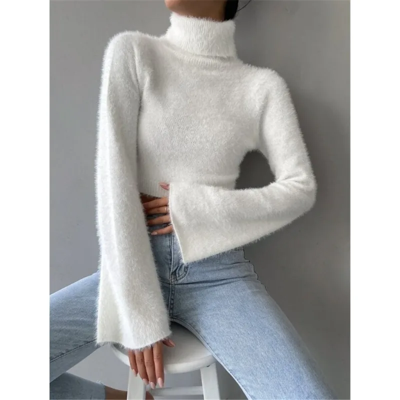 

Women'S Knitted Sweater Plush Turtleneck Flare Long Sleeve Soft White Simple Casual Knitwear Pullover Autumn Winter Top Solid