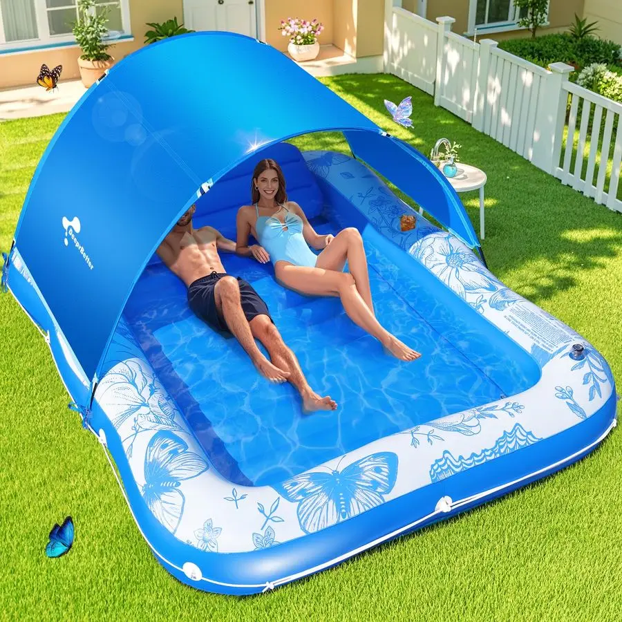 Tumbona de piscina bronceadora con dosel, flotadores bronceadores grandes de 81x60 para adultos, flotador de tumbona de piscina de mariposa, cama de agua bronceadora explosiva