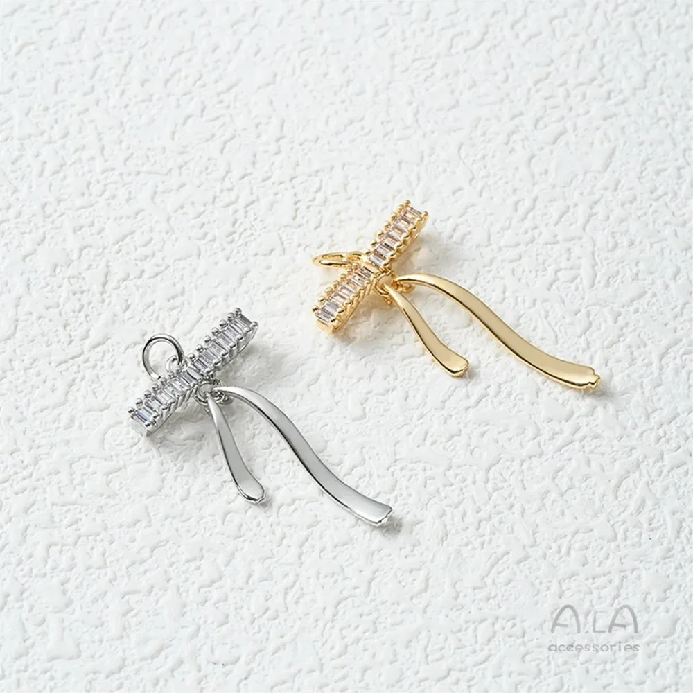 14K Gold Inlaid T Square Zircon Three-dimensional Bow Tassel Pendant DIY Handmade Stud Earrings, Ear Jewelry Accessories B490