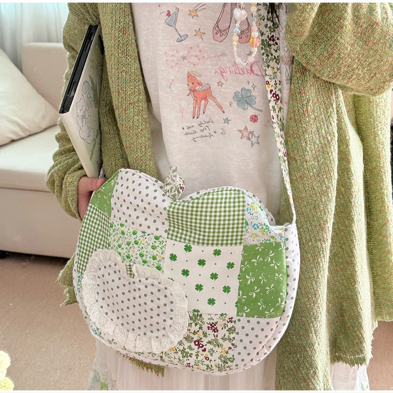 Patchwork-Stoff-Umhängetasche, Apfelförmige Handtasche mit Blumen- und Punktmuster für Damen, Mädchen, Studenten, Cottagecore, süße Handtasche – Detail 11
