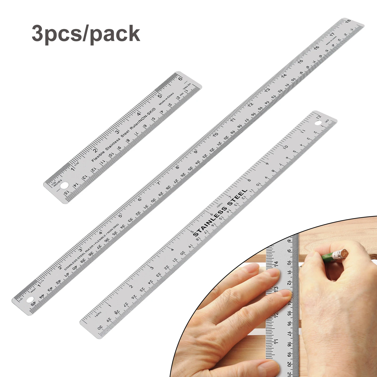 

3pcs / pack 6 inch 12 inch 18 Inch Stainless Steel Metal Rulers Kit with Cork Backing,Inch and Centimeters Non-Slip Rulers Tools