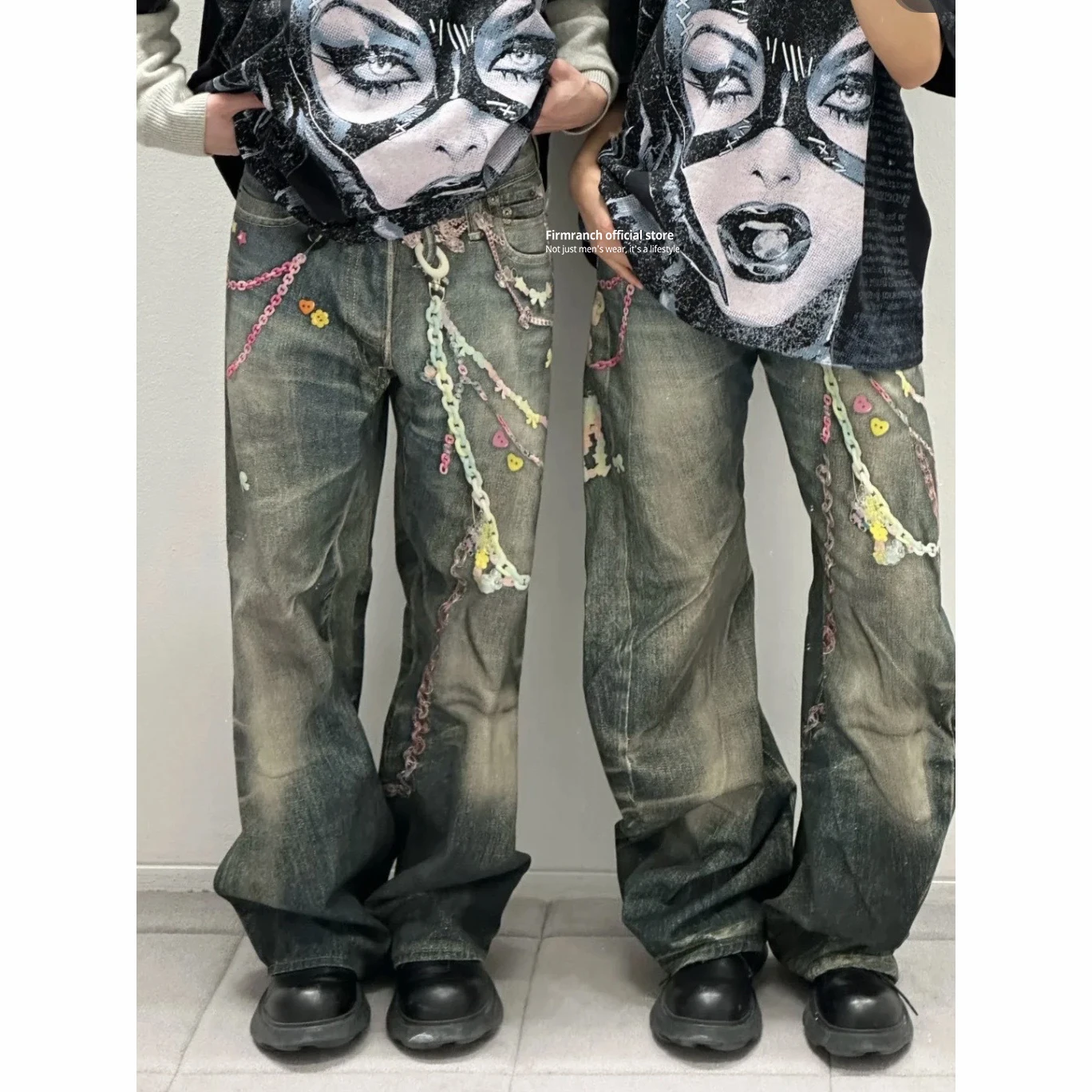 

Firmranch 2025 New Early Spring 3D Printed Candy Colors Chain Jeans For Men Women Washed Retro Blue Loose Denim Pants Streetwear