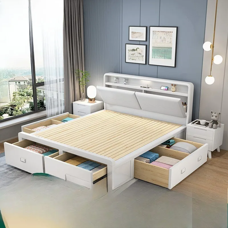 bedside charging, solid wood bed, white modern simple master bedroom