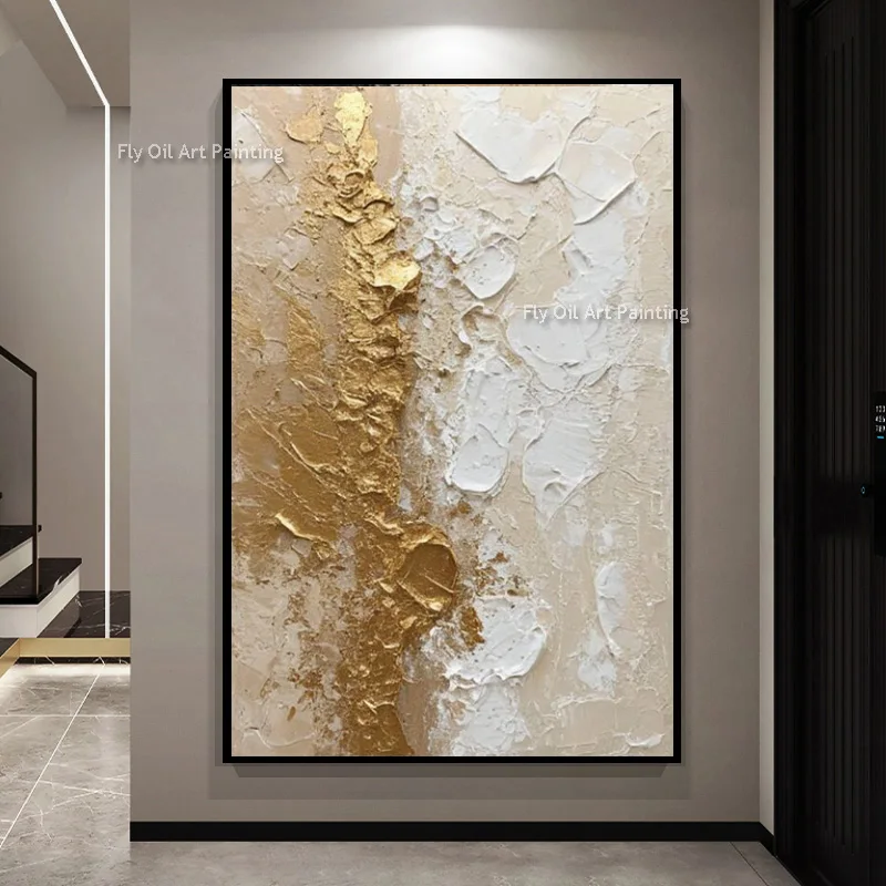 100% Handcrafted Textured Canvas Art, Hand Painted Gold Relief Oil Painting, Wabi-Sabi Living Room Wall Hanging