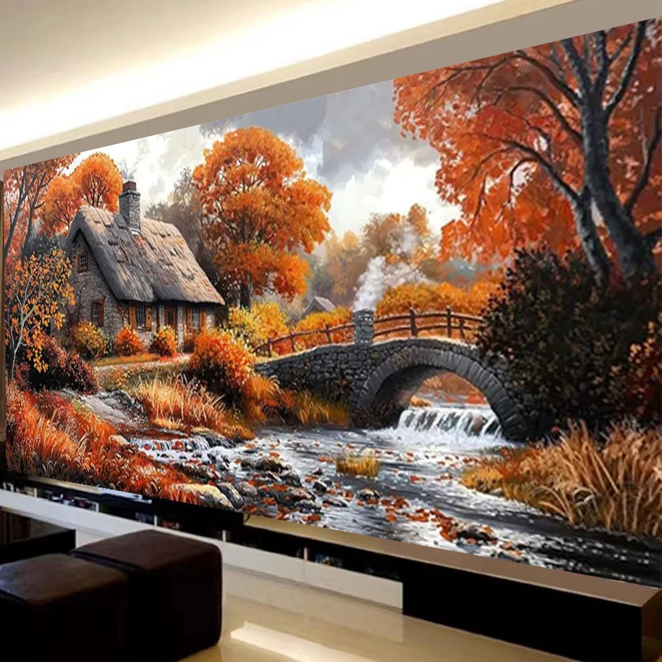 Autumn Forest Landscape Pictures Diamond Painting Country Cottage Stone Bridge and Flowing Water 5D DIY Diamond Embroidery Decor