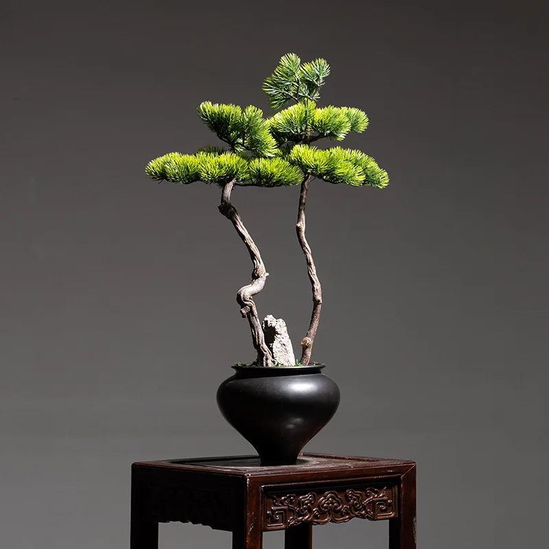 Yjq large new Chinese simulation welcome pine hotel retro indoor bonsai porch ornament potted plants