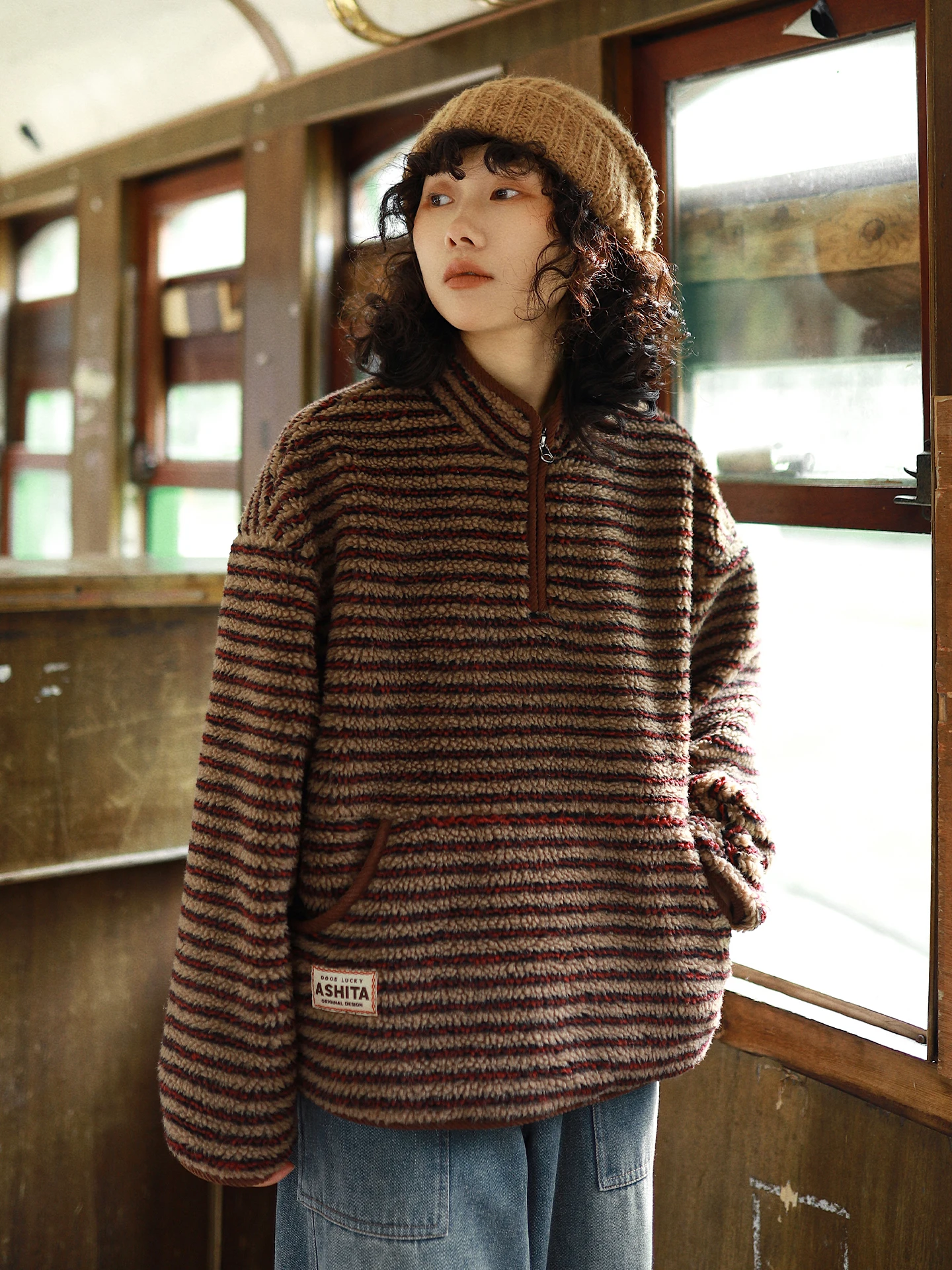 

Retro Lamb Fur Hoodie Women's Original Japanese Style Stand Collar Striped Fleece Jacket Warm Long Sleeve Polyester Fabric