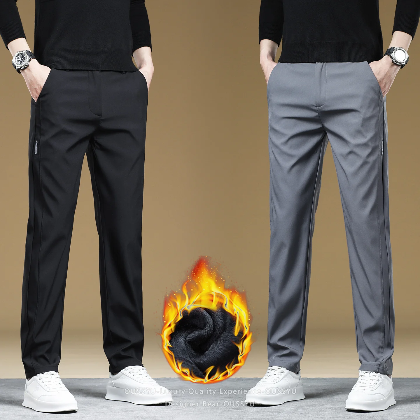 Pantalones informales de invierno, cálidos, ligeros, de forro polar, para hombre, de corte ajustado, en color gris y negro, estilo coreano, con cintura elástica, clásicos, para uso en exteriores.