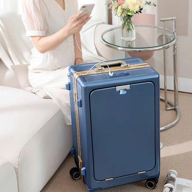 Multi Function Boarding Case Suitcase Laptop Pocket USB Charging Luggage Wide Handle Travel Suitcase Business Carry on Luggage