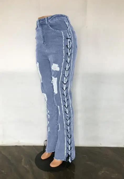 Herbstlich gebürstet, zerrissen, Loch durch Seildesign, eng anliegende Jeans für Damen, trendige und personalisierte Jeans mit hoher Taille