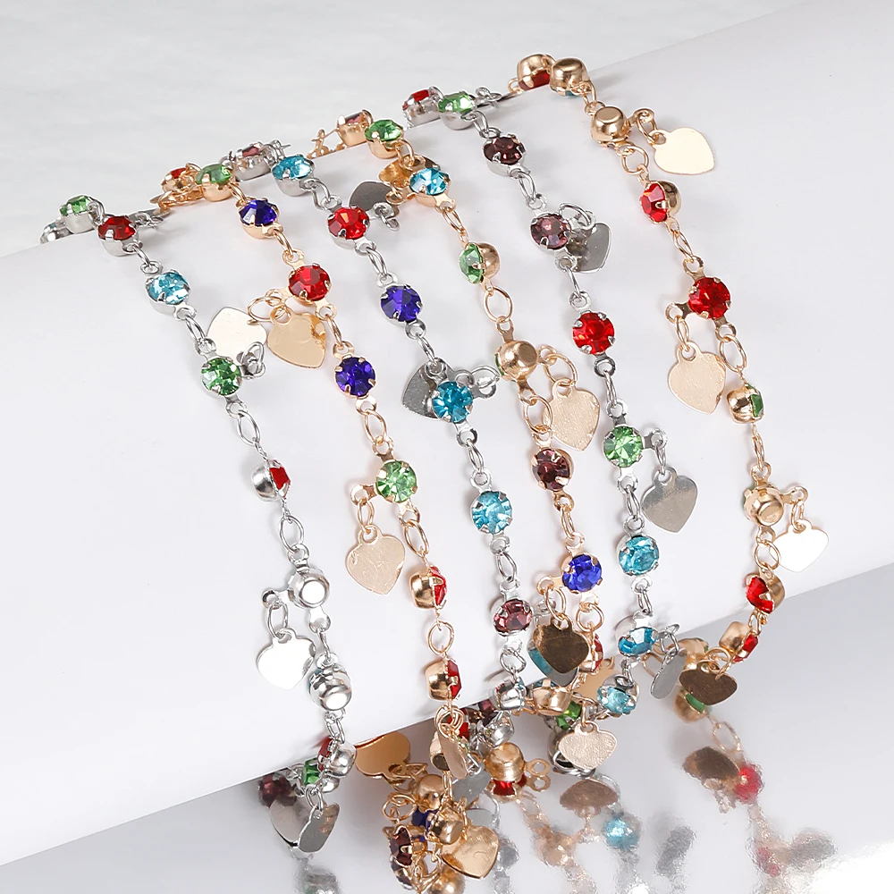 

2Meters 1Meter Crystal Beaded Love Heart Charms Copper Chains Colorful Rhinestone Necklace Sweater Chains for DIY Jewelry Making