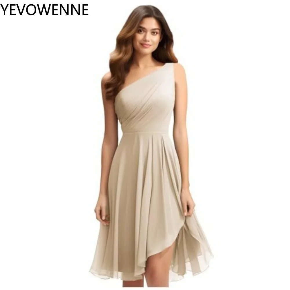One Shoulder Chiffon Bridesmaid Dresses Ruched Elegant Wedding Guest Dress A Line Sweet Midi  Vestido De Dia Para Boda