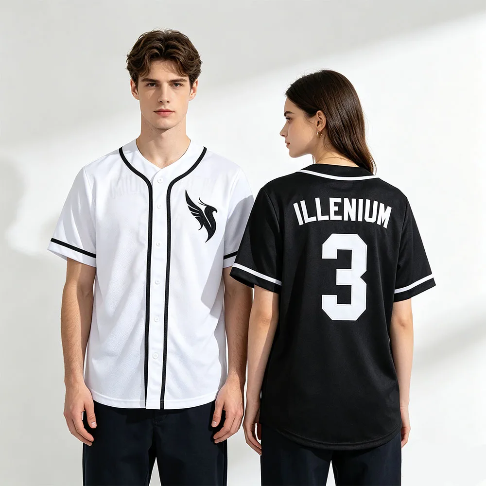 ILLENIUM Number 3 Baseball Jersey Men Women Button‑Up Unisex Shirts Logo Front Back Number Graphic Print Loose Fit Casual Tops