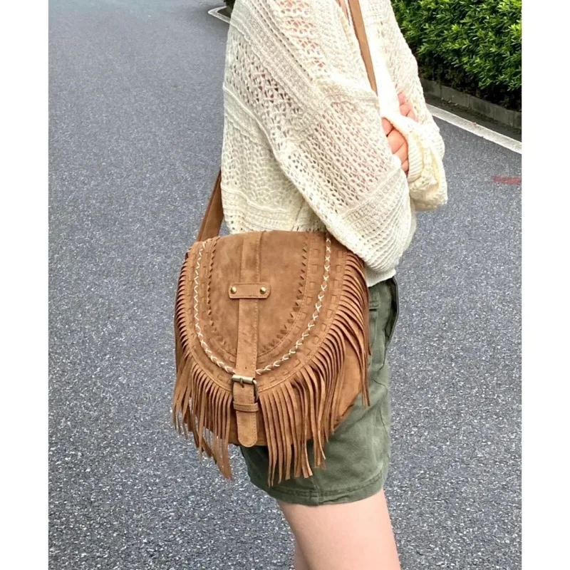 2024 New Handmade Crossbody Faux Suede Tassel Ladies Retro Large Capacity Shoulder Bag Trendy Women\'s Bag Bolsos Para Mujer