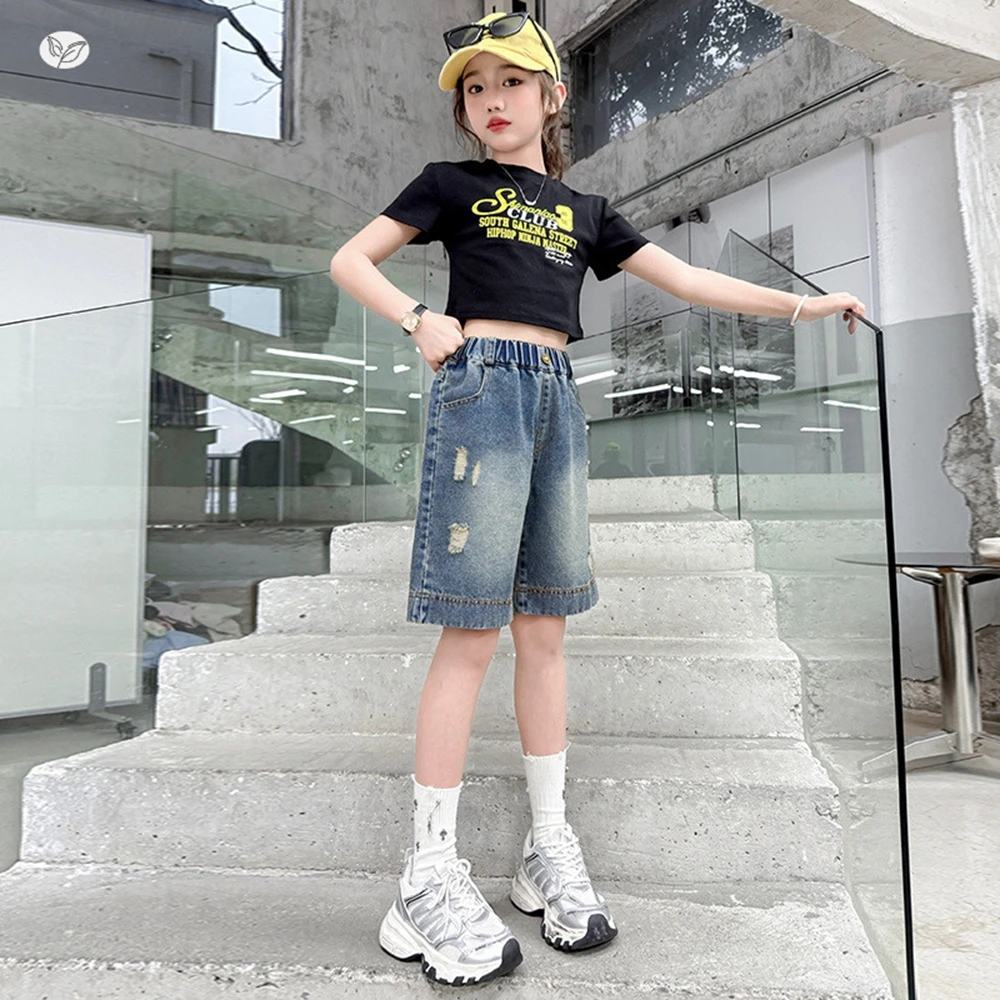 نمط جديد للأطفال فتاة y2k Harajuku المتعثرة ممزق الدينيم السراويل الطفل الشارع الشهير منتصف الخصر الركبة طول السراويل السراويل