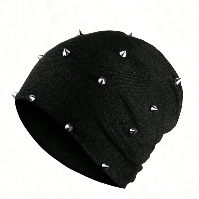 1 Stück Gothic-Mütze Unisex Goth Beanie mit Nieten Rock Punk Hut mit Spikes für Männer und Frauen, Schwarz Grau, Y2K-Stil Leicht und Bequem – Detail 11