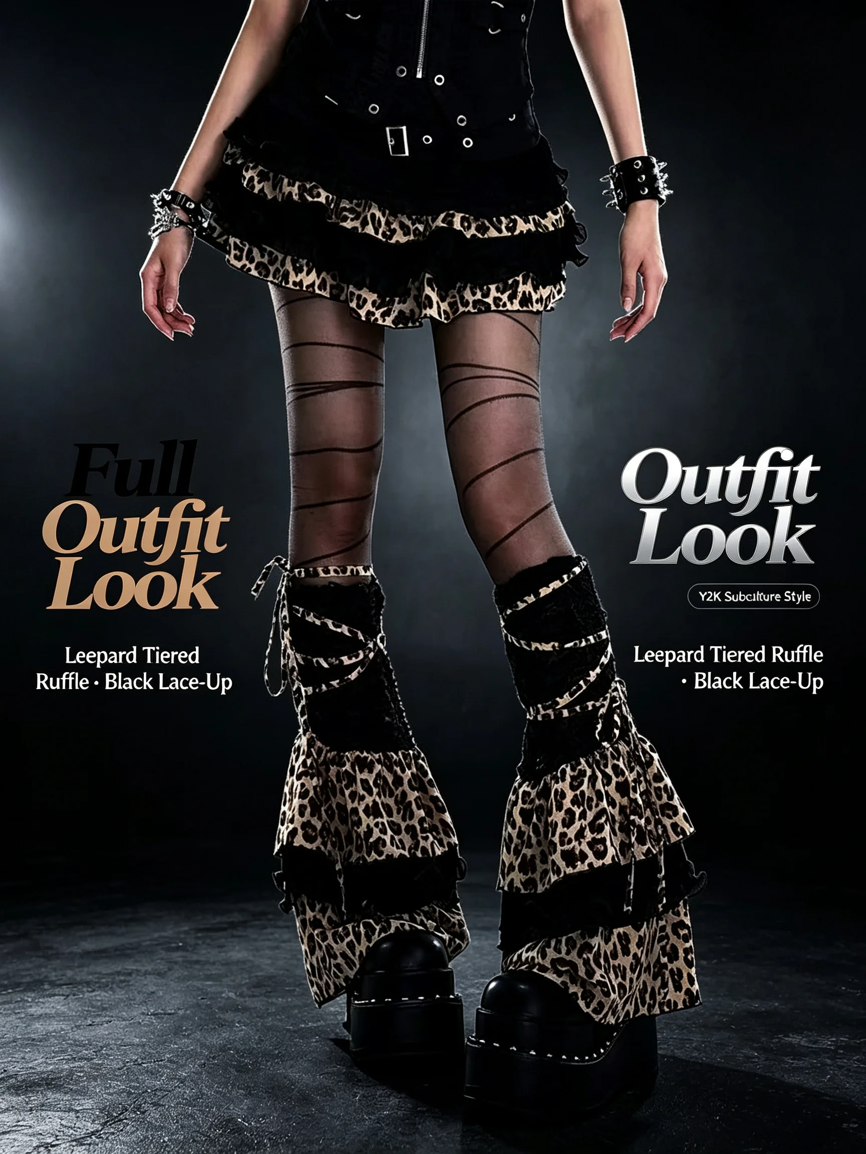 Y2K Vintage Rock Leopard Print Tiered Ruffled Leg Warmers Women Lace Up Sweet Cool Punk Gyaru Subculture Flare Cuffs Streetwear