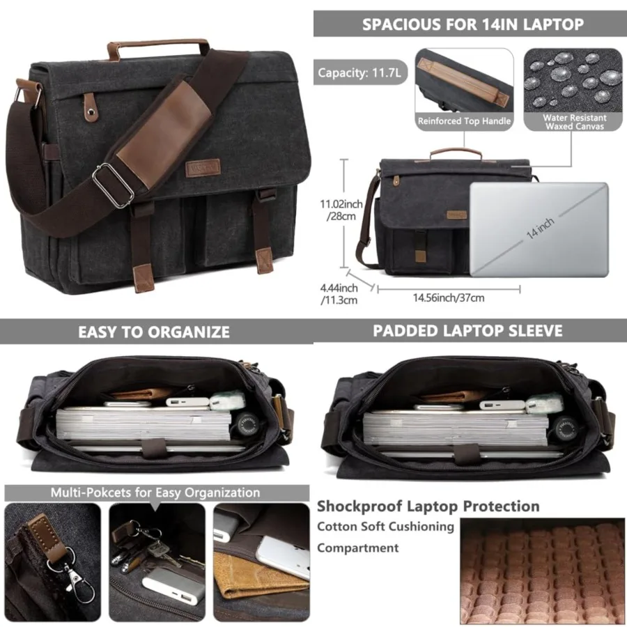 

Messenger Bag for Men, VASCHY Vintage Water Resistant Canvas Satchel 14 15.6 17inch Laptop Briefcase