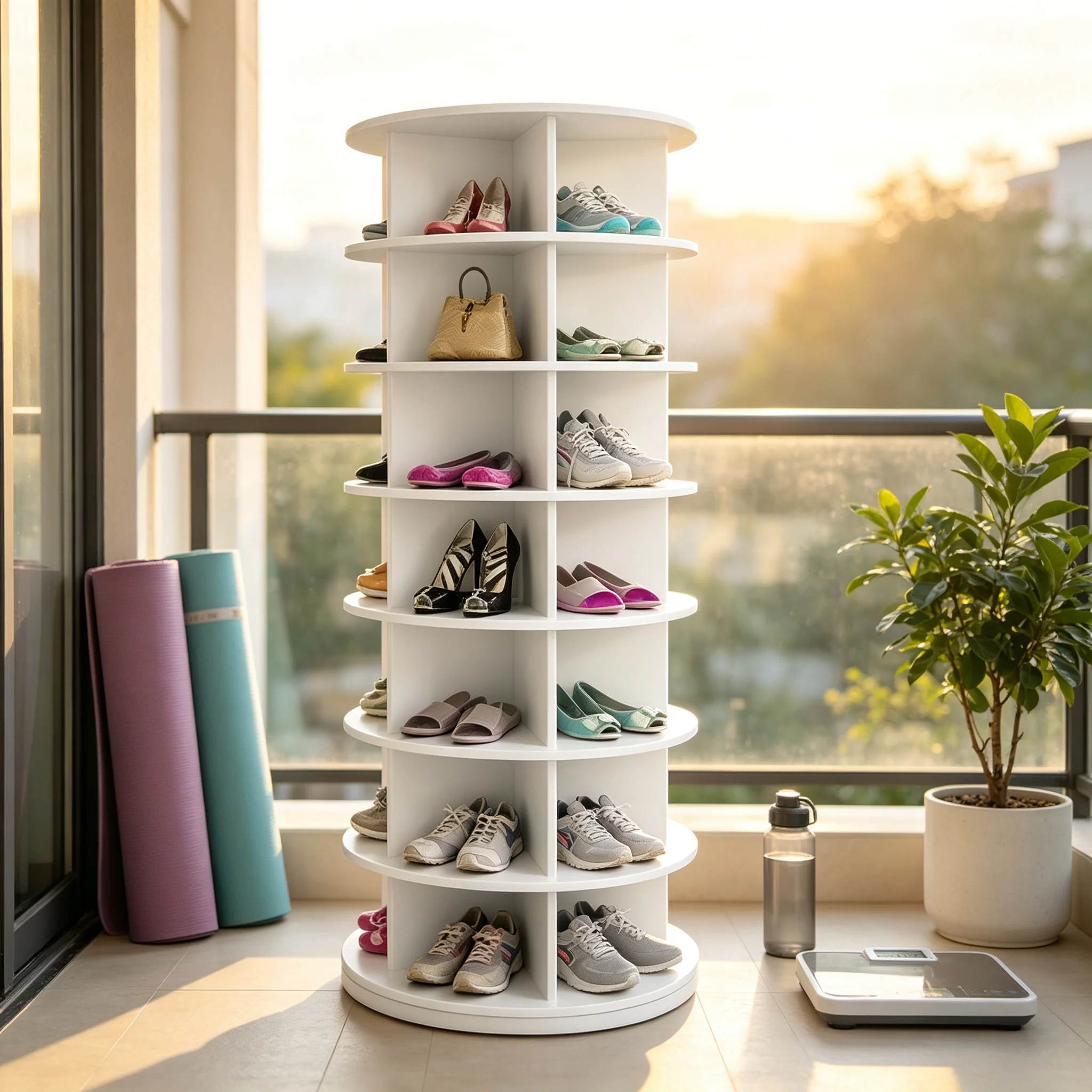 Free‑Standing Rotating Shoe Rack, 7‑Tier White PVC Revolving Shoe Tower, Spinning Shoe Storage Shelf for Entryway, Hallway, Bedroom