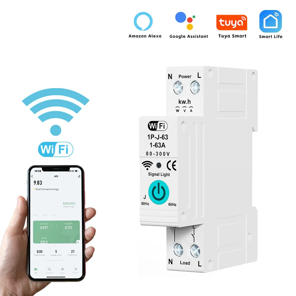 

Tuya WIFI Smart Time Switch Energy Meter KWH Monitoring Timer Relay 1P 63A Smartlife Mobile Phone Remote Control Circuit Breaker