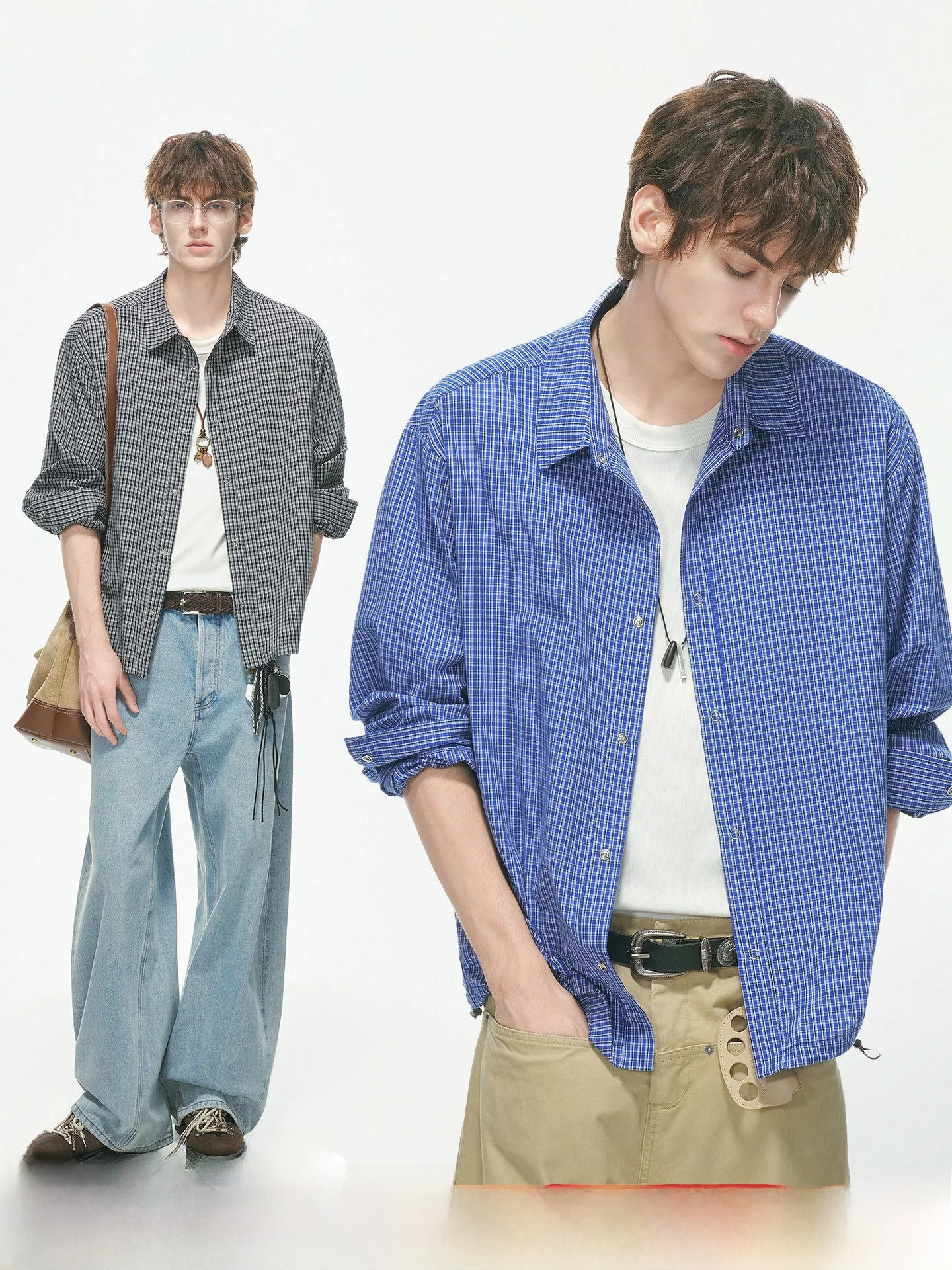 Cleanfit Royal Blue Plaid Long Sleeve Shirt Men's Drawstring Miu Style Autumn Spring Cotton Casual Fashion Commute Wear