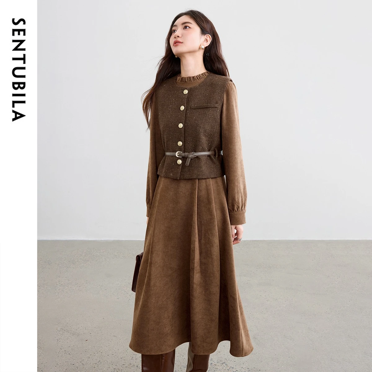 SENTUBILA Women Vintage Autumn Winter Outfit 2026 Woman 2 Pieces Dress Sets A Line Dress Thick Woolen Sequin Waistcoat W53ZB3659