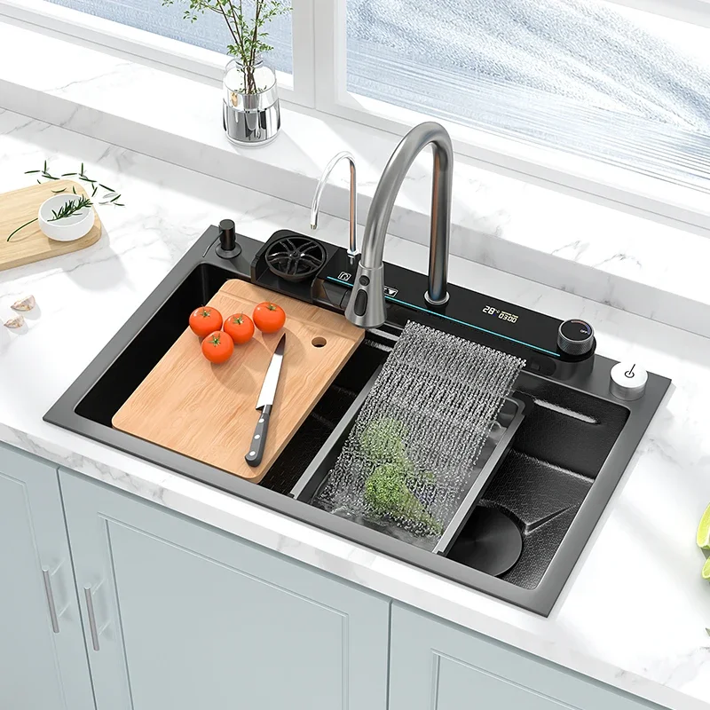 

Stainless Steel Kitchen Sink Embossed Waterfall Sink Intelligent Digital Display Washbasin Kitchen Large Single Slot