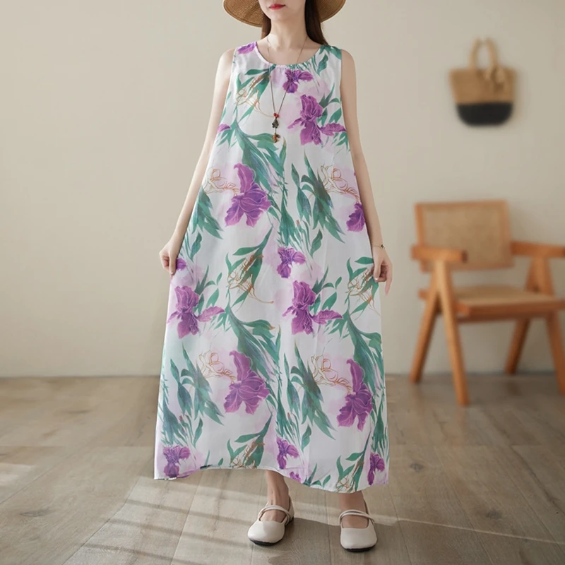 ฤดูร้อนดอกไม้ผ้าฝ้ายและผ้าลินินชุดเสื้อกั๊กผู้หญิงลําลองหลวมแขนกุดวันหยุด Boho Beach ชุดยาว Maxi Robe