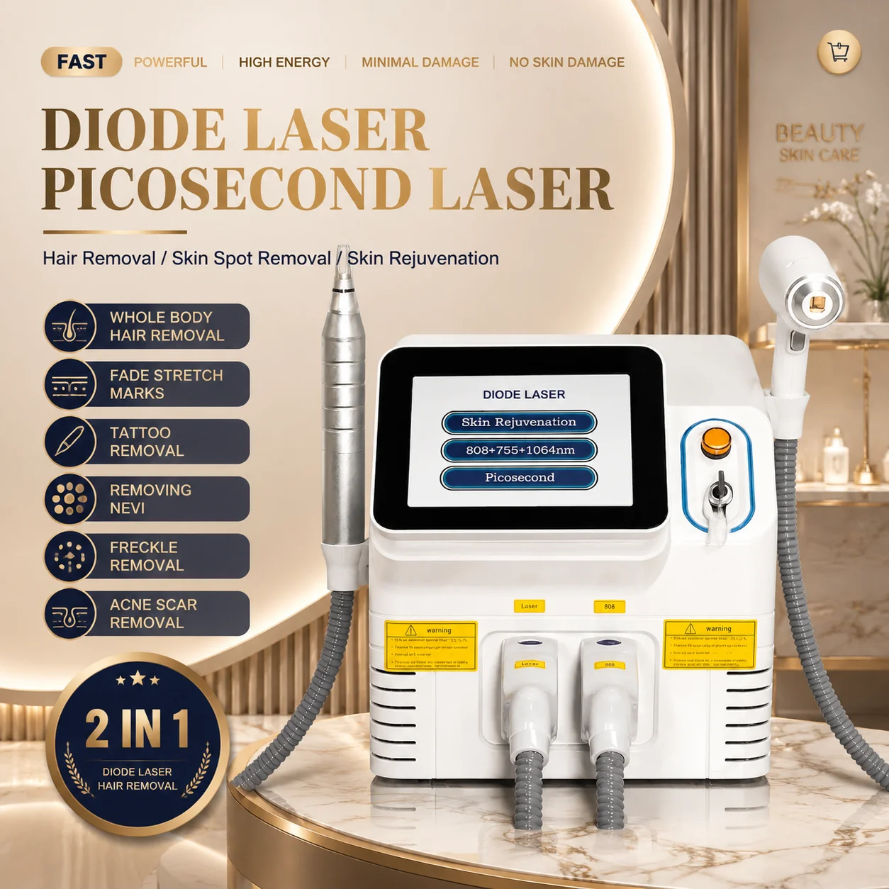 Professional Diode Hair Removal Machine with 808nm 755nm 1064nm Technology for Permanent Hair Removal and Tattoo Removal